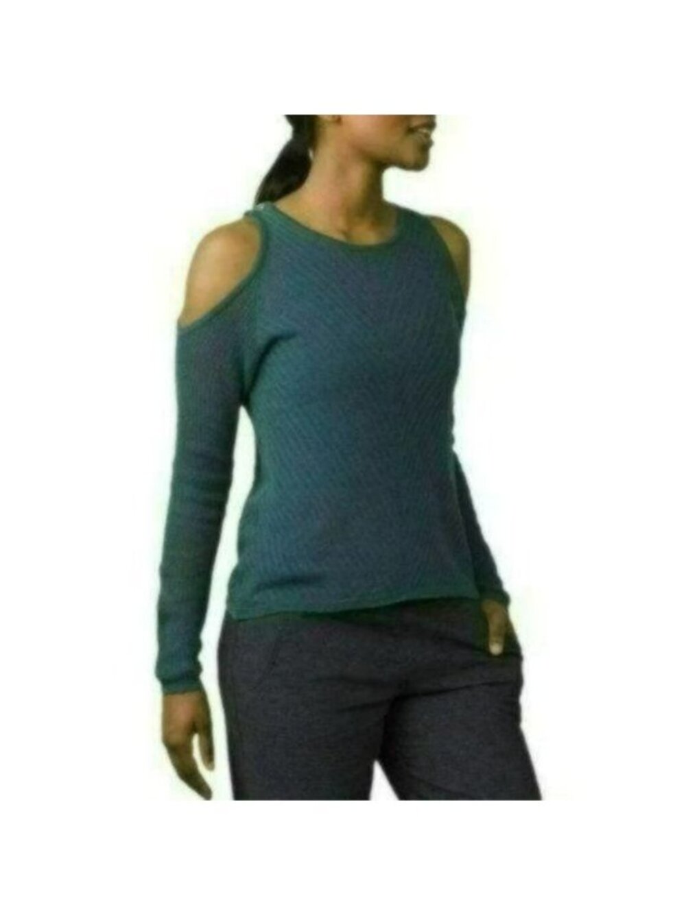 Prana Invision Women's Large Blue Green Cold Shoulder Lightweight Sweater